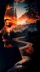 Double exposure of an inspiring face of a beautiful woman and a beautiful landscape
