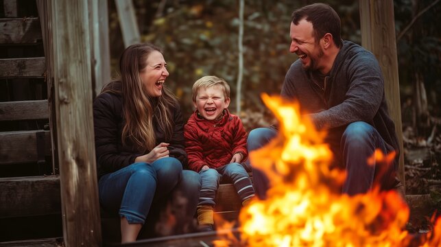 Family enjoying a cozy campfire while laughing together in a forest setting during the evening