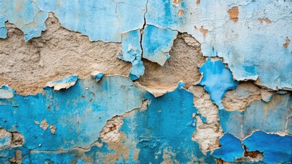 Rough, worn, and weathered exterior wall texture with faded blue paint peeling off to reveal underlying concrete, with cracks and crumbling areas.