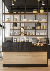 Minimalist Cafe Counter Design with Black and Gold Accents