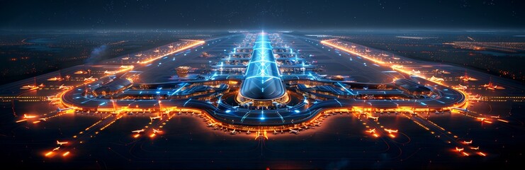 Vector depiction of a futuristic airport with vertical takeoff and landing pads symbolizing innovation in transportation where air travel is revolutionized to be more efficient and accessible