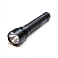 A black flashlight with a white light