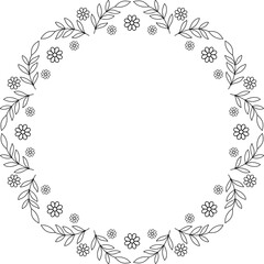 Black linear flower motifs round frame. Isolated frame border. Copy space blossomy lace