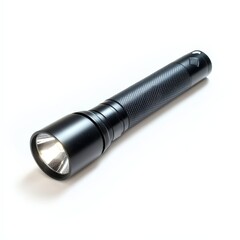 A black flashlight with a white light