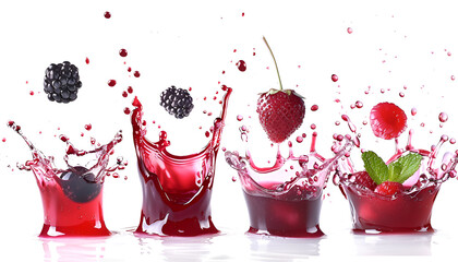 Berry juice splashes, fruit and berry compote splash collection isolated on white background