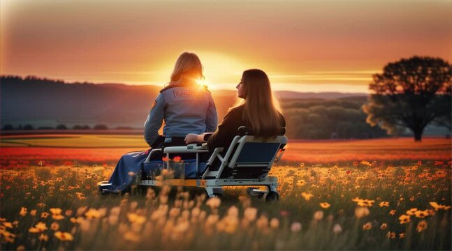 A shot of a woman on a stretcher with a field of flowers in the background during sunset, two paramedics by her side