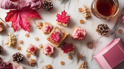 Delicious autumn treats arranged artfully with maple leaves and pine cones on a marble surface