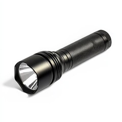 A black flashlight with a white light