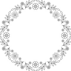 Black linear flowers round frame. Isolated frame border. Copy space blossomy lace