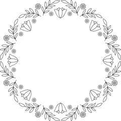 Black linear bellflowers round frame. Isolated lace border. Copy space embroidery template