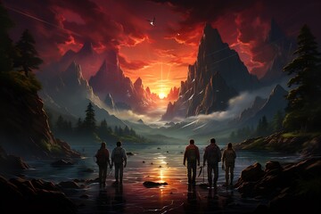 Vector depiction of group of explorers foot of towering mountain symbolizing new journeys conquering ambitious goals visualizing the collective effort and determination required to achieve great feats