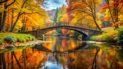 Autumn bridge over a quiet river