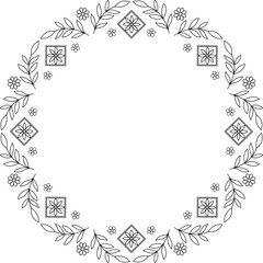 Black outline floral elements round frame. Isolated lace border. Copy space embroidery template