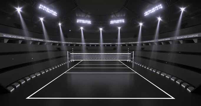 Impressive volleyball sport arena at night illuminated by light beams. Camera is rotating around sports court in endless 4K video loop.	