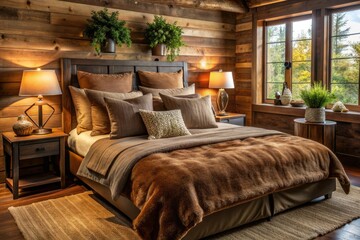 Rustic brown linens and plush pillows adorn a cozy bed, creating a warm and inviting atmosphere with a soft, textured look from above.