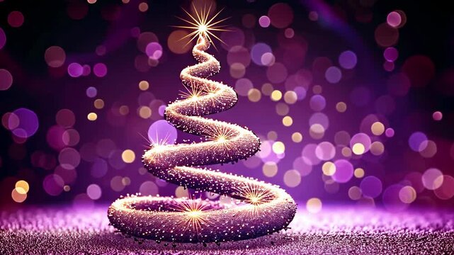 Glowing purple Christmas tree animation with orange and purple light and particles on blue gradient. Christmas tree lights and glowing 3d render Merry Christmas 4k video Merry Christmas