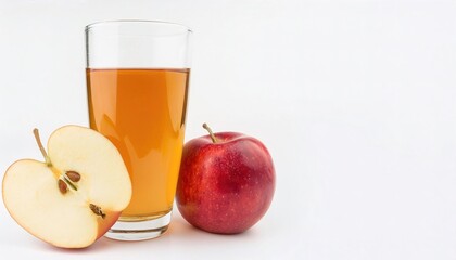 fresh home made apple juice squeezed in glass with red apples. Made from a personal juicer extractor or machine. Isolated on white background with copy space