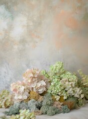 Pastel Hydrangeas And Dried Moss Against Textured Background