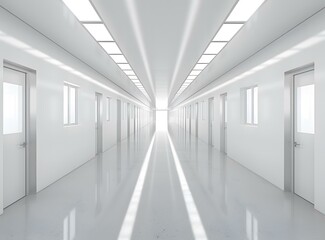 Long White Corridor with Doors and Windows Leading to Light at End