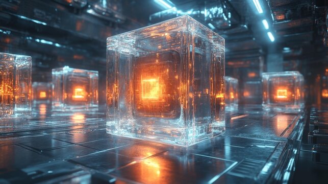 Futuristic digital core in a crystal cube - generative ai - Powered by Adobe