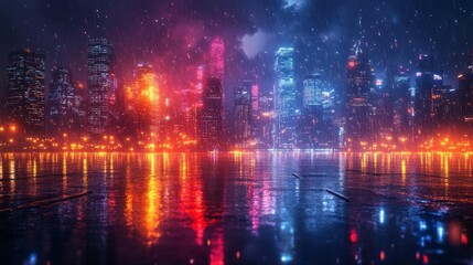 Rainy cityscape at night - generative ai
