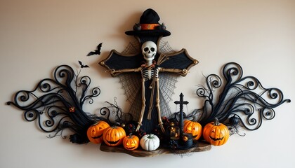 Halloween Decoration with Jack-o'-lanterns, Skeleton, and Black Swirls.