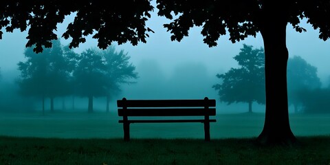 Empty Bench Under A Tree In Fog