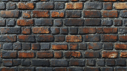 Close-up of an old brick wall with black mortar.