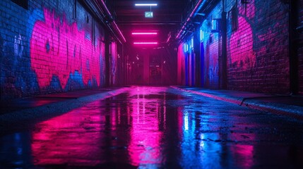 Fototapeta premium Neon lit alleyway with wet pavement at night - generative ai