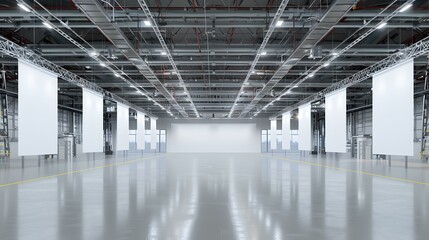 Empty Warehouse Interior Design with White Banners