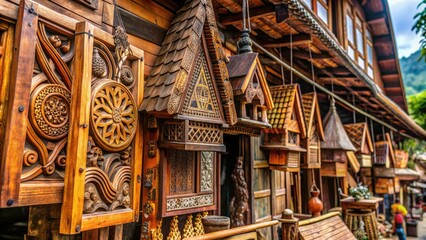 Rustic wooden shop sign with intricately carved letters attached to a distressed board, showcasing traditional craftsmanship and cultural heritage in Toraja, Indonesia.