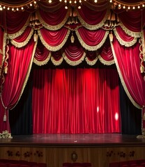 Red Stage Curtains with Gold Trim in a Theatre