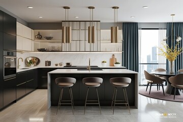 Chic Urban Mock Up in a Luxurious Modern Kitchen Setting with Stylish Furniture and Contemporary Decor
