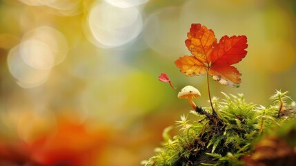 A tiny red leaf is falling onto a mushroom cap. AI.
