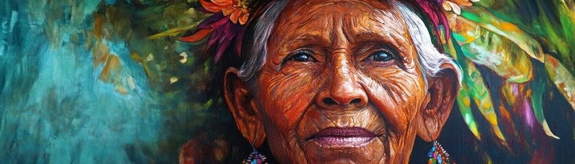 Close-up Portrait of an Indigenous Woman with Floral Headpiece