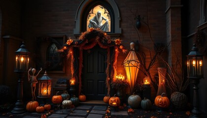 Obraz premium A spooky Halloween scene with a ghost in the window, pumpkins, and lit lanterns on the porch of a brick house.