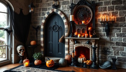 A spooky and festive Halloween interior with a fireplace, candles, pumpkins, and a skull.