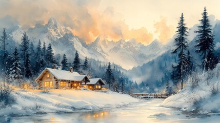 Cozy winter cabin in snowy mountain landscape Generative AI