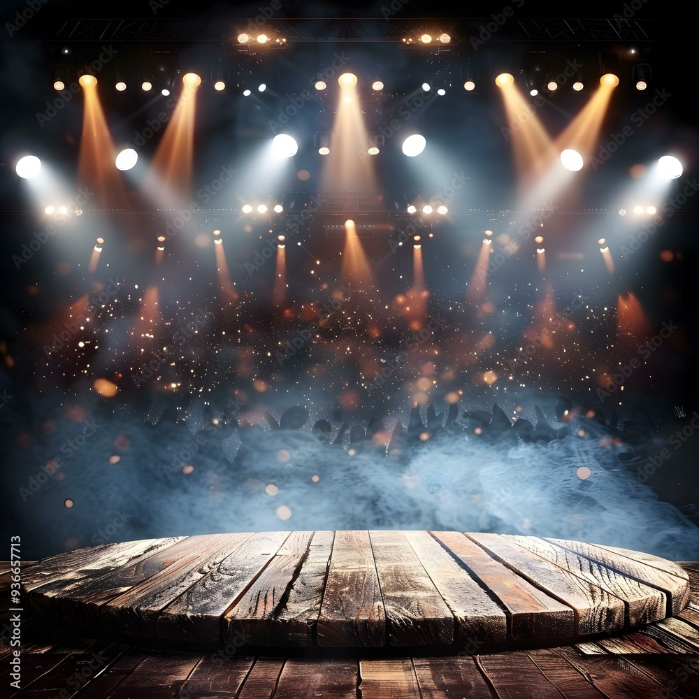 Poster wooden stage with spotlight and smoke