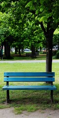 Fototapeta premium Blue Wooden Bench in a Green Park