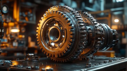 Obraz premium Industrial Gear Mechanism in a Workshop - Generative AI