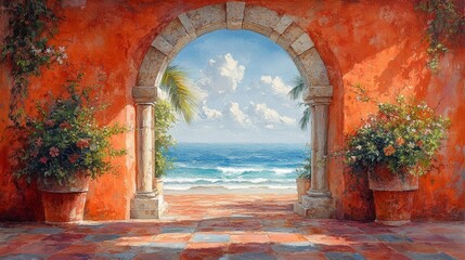 Mediterranean archway overlooking the sea - generative ai