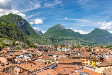 Fototapeta premium Riva del Garda, top view of town on the shores of Lake Garda with mountains in background, Italy, Europe.