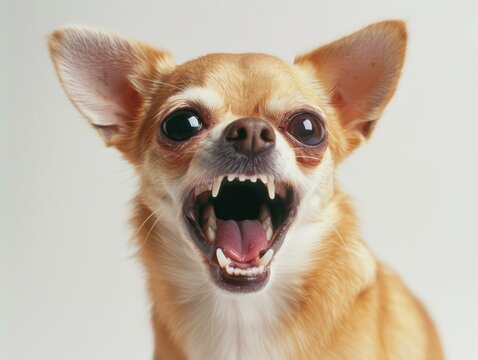 A small chihuahua dog with a big mouth and teeth showing. AI. - Powered by Adobe