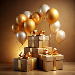 Luxurious beige and gold gift boxes with golden balloons. Elegant gold-themed gift box arrangement for celebrations.