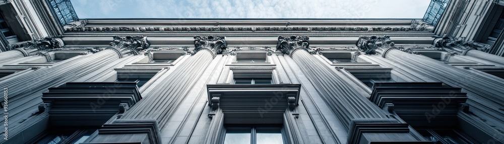 Poster Low Angle View of a Classic Building Facade with Ornate Columns