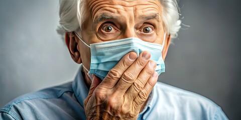 Senior adult wears medical mask, hand covering mouth in stunned silence, anxiety and fear palpable in a clinical setting, overwhelmed by unspoken concerns.