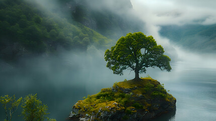 A lone tree standing tall in a misty forest, symbolizing strength and resilience.