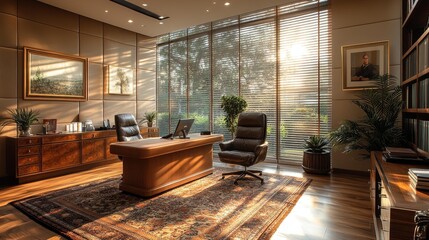 Luxurious office with warm sunlight and greenery - generative ai