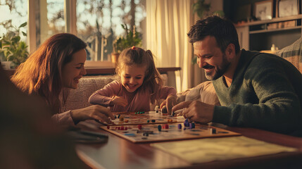 Family playing board game together at home, laughing and enjoying quality time, warm evening sunlight through window, depicting love, happiness, and togetherness